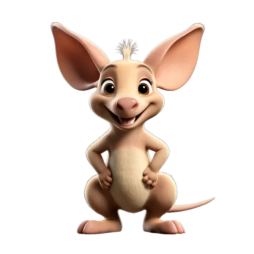Cute 3D animated aardvark character with large ears and tan fur, smiling in a friendly cartoon style.