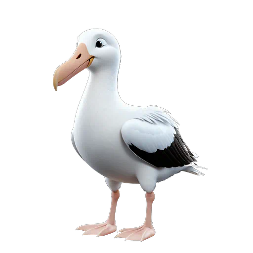 3D rendered cartoon albatross bird with white feathers, black wingtips, and a large peach-colored beak.