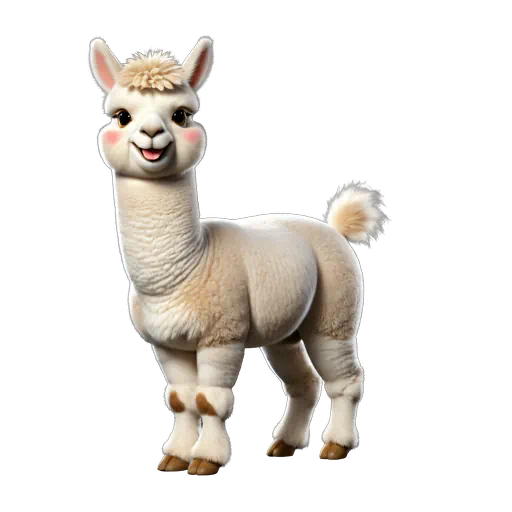 Cute 3D cartoon white alpaca with pink cheeks and brown hooves, isolated on a white background.
