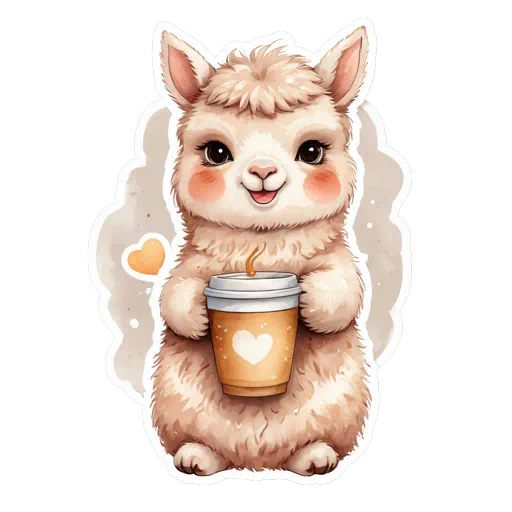 Cute fluffy beige alpaca holding a coffee cup with a heart, watercolor sticker style on white background.