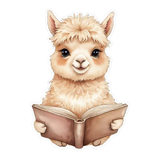 Cute watercolor cream alpaca reading an open brown vintage book with a white sticker border and soft fur.
