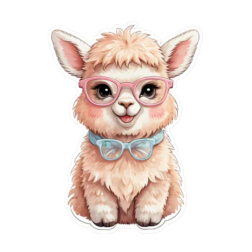 Cute fluffy peach alpaca sticker wearing oversized pink glasses and blue spectacles on a white background.