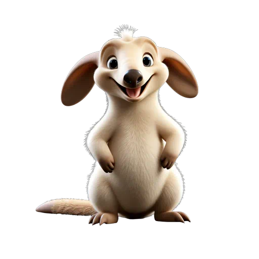 Stylized 3D animated anteater character with cream-colored fur, large floppy ears, and a happy smiling expression.