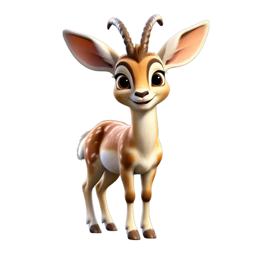 Cute 3D animated tan antelope with large ears and white spots, cartoon animal character illustration.