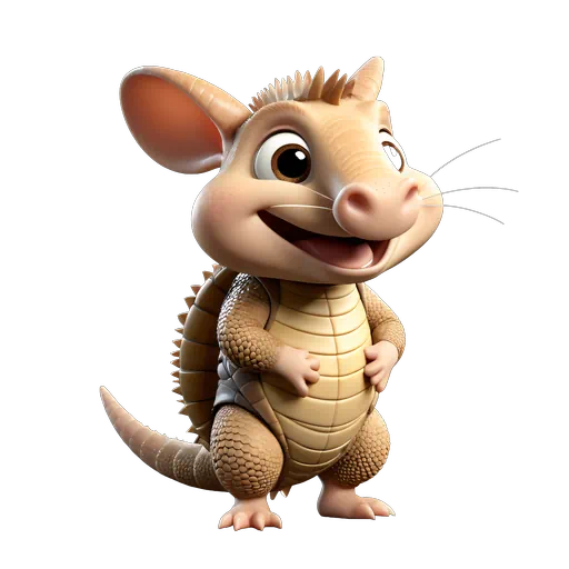 Cute 3D animated tan armadillo with large ears, a scaly shell, and a friendly smile.
