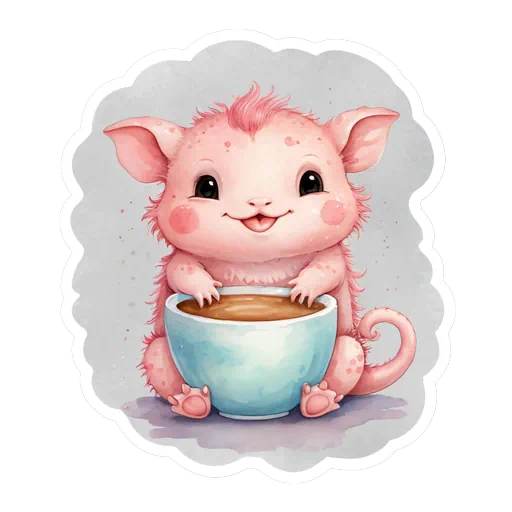 Watercolor pink furry axolotl creature holding a blue coffee mug, smiling with a white sticker border background.
