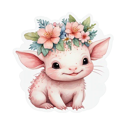 Cute pink watercolor axolotl wearing a floral crown sticker with pink flowers and green leaves for baby showers.