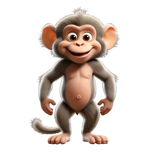 Cute 3D animated baby baboon character with grey fur and tan skin, smiling with large brown eyes.