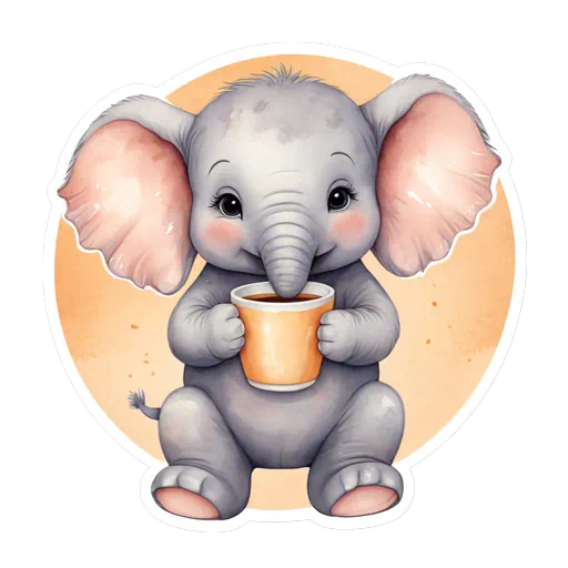 Cute watercolor baby elephant with pink ears holding an orange coffee cup on a soft peach circle background.