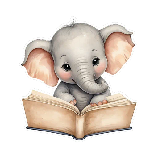 Cute watercolor baby elephant with large ears reading an open vintage book, sticker style on a white background.