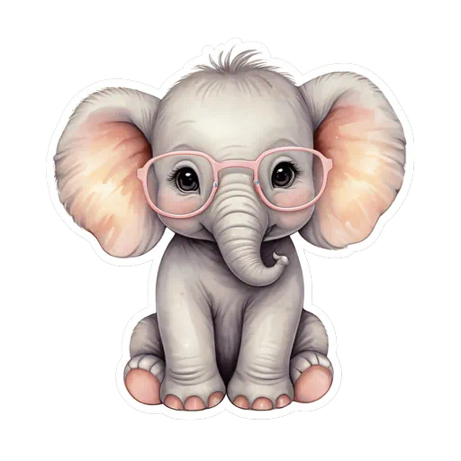 Watercolor baby elephant with oversized pink glasses, soft grey and pink palette, cute illustrative style for baby showers.