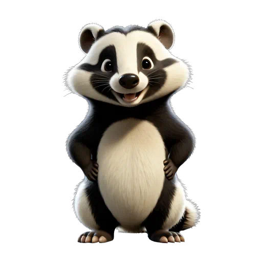 Cute 3D animated black and white badger character smiling with hands on hips, isolated on white background.