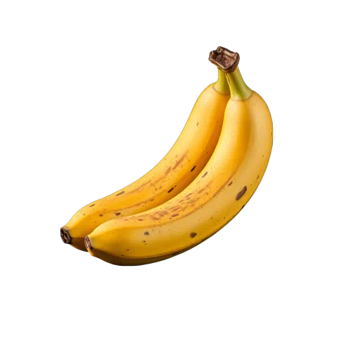 Two ripe yellow bananas with natural brown spots, realistic style fruit image on a plain white background.