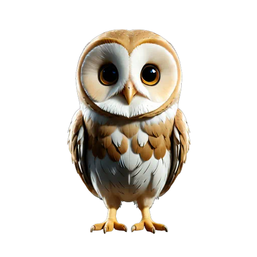 Adorable 3D rendered barn owl with large dark eyes and tan and white feathers, front view illustration.
