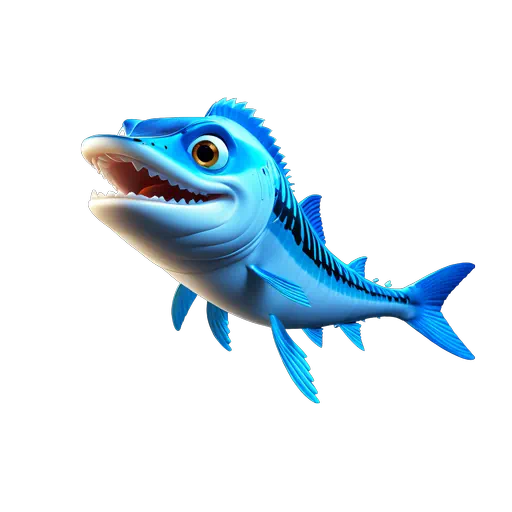 Stylized 3D blue barracuda fish with black stripes and sharp teeth, isolated on a white background.