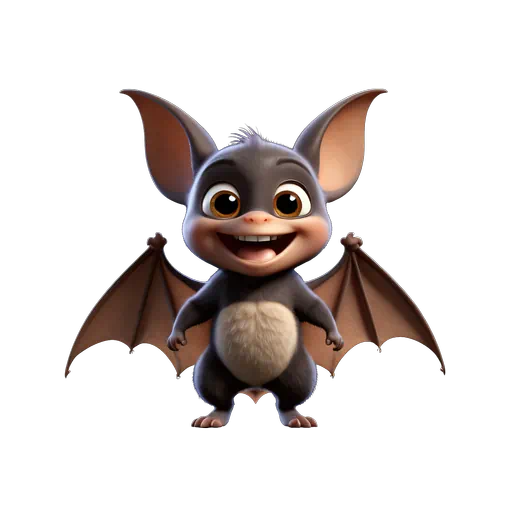 Cute 3D animated smiling bat character with large ears and open wings, rendered in grey and tan tones.