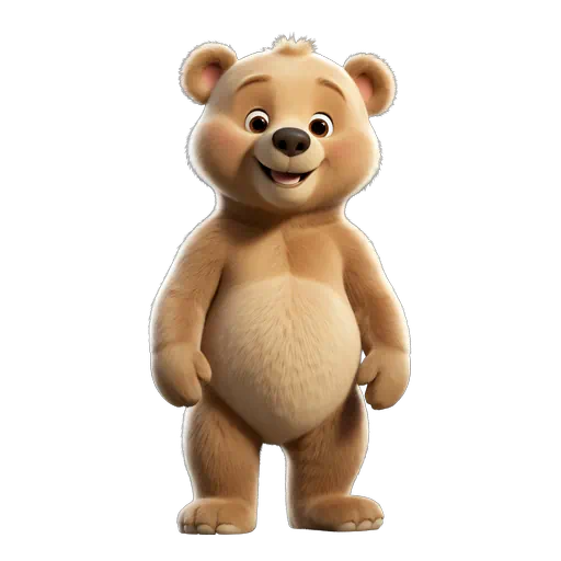 Cute light brown animated bear character standing upright with a friendly smile and soft 3D texture.