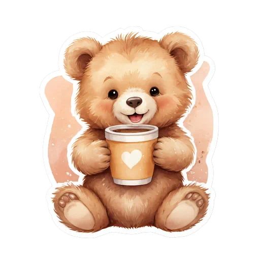 Watercolor illustration of a cute brown baby bear holding a tan coffee cup with a white heart.