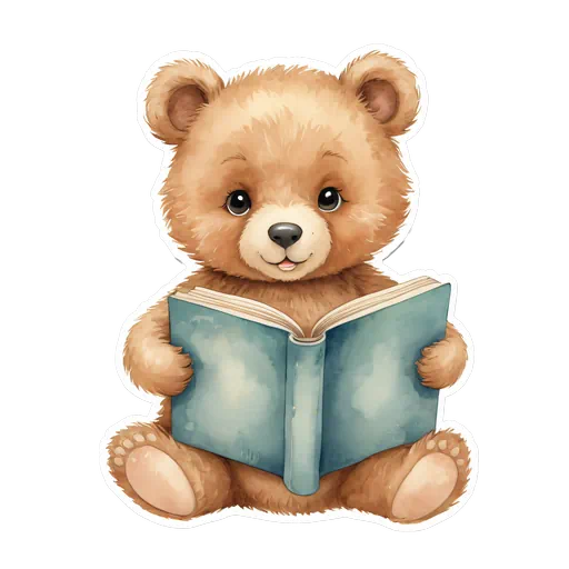 Watercolor illustration of a cute brown baby bear cub sitting and reading a light blue vintage storybook.