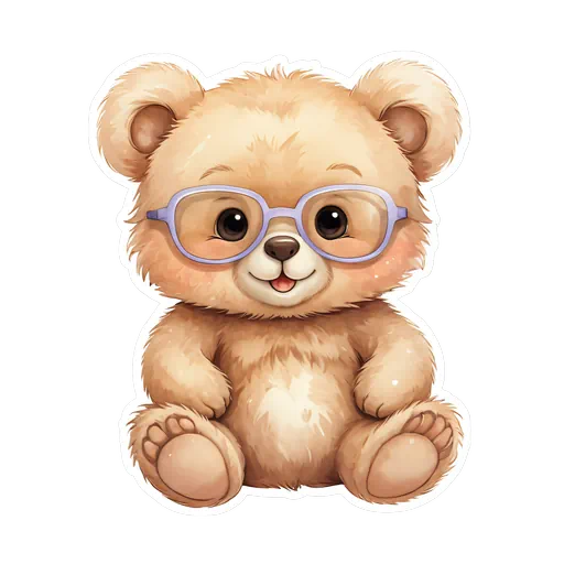 Watercolor illustration of a fluffy tan bear cub wearing oversized purple glasses in a cute sticker style.