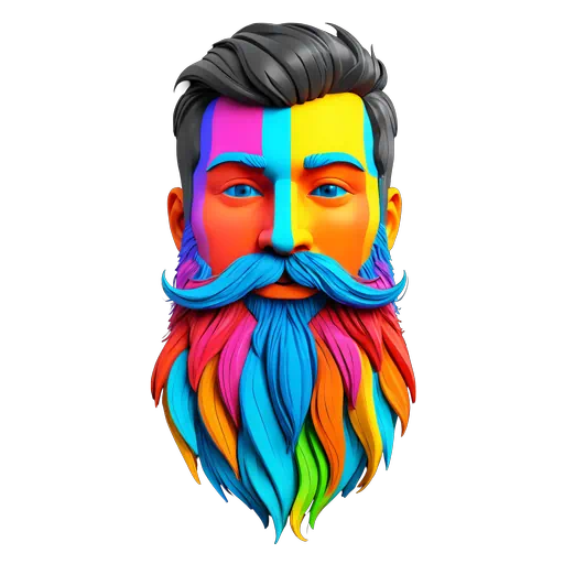 3D stylized man with a vibrant multicolored beard and hair in rainbow colors on a white background.