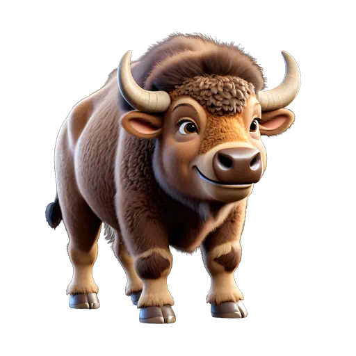 Friendly 3D animated brown bison character with large horns and a smiling face, isolated on white background.