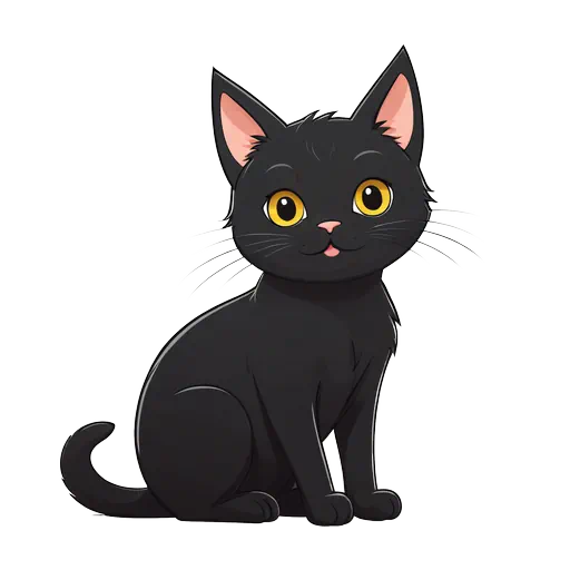Cute cartoon black cat with large yellow eyes and pink ears sitting against a white background.