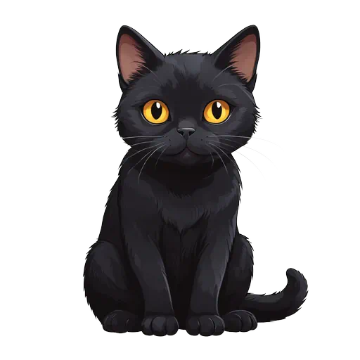Cute black cat sitting with bright yellow eyes and detailed fur illustration for Halloween clipart and stickers.