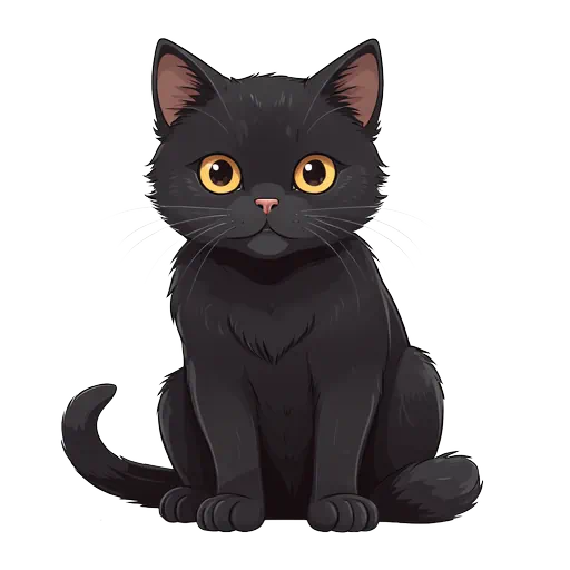 Illustration of a cute black cat sitting with large yellow eyes and fluffy fur on a white background.