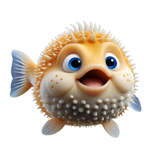 Cute 3D animated orange and white pufferfish with spikes and large blue eyes, cartoon sea life style.