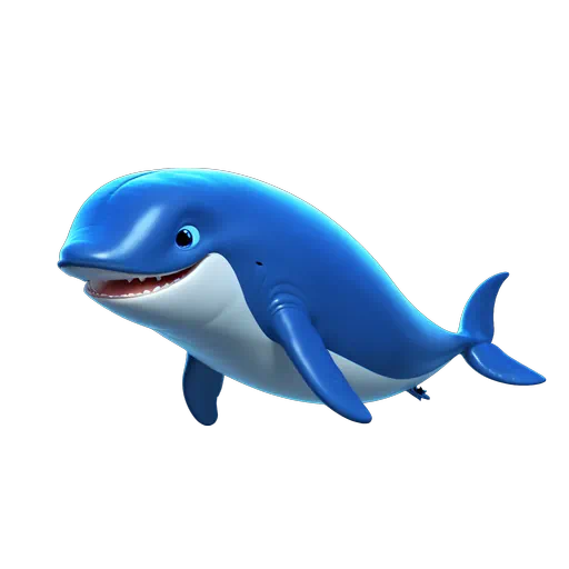Friendly 3D animated blue whale character with a bright blue body, smiling mouth, and white belly.