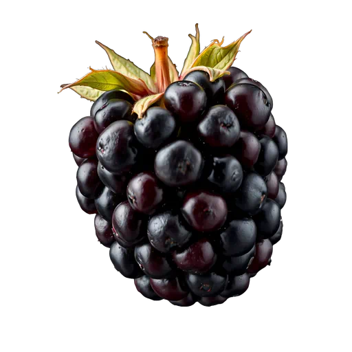 Single ripe dark purple boysenberry fruit with green leaves, isolated macro studio shot on white background.