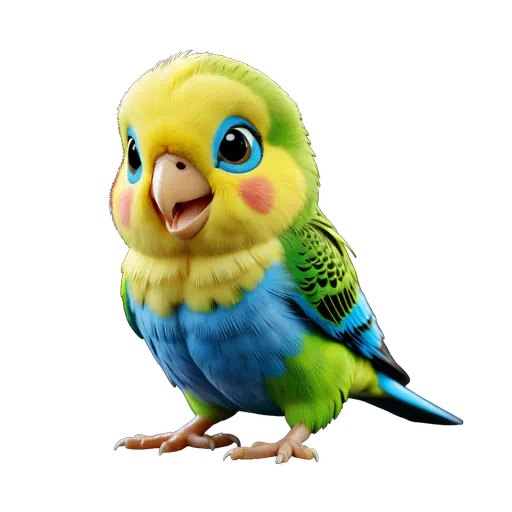 Cute 3D rendered budgerigar parakeet with vibrant yellow, green, and blue plumage and pink cheeks.