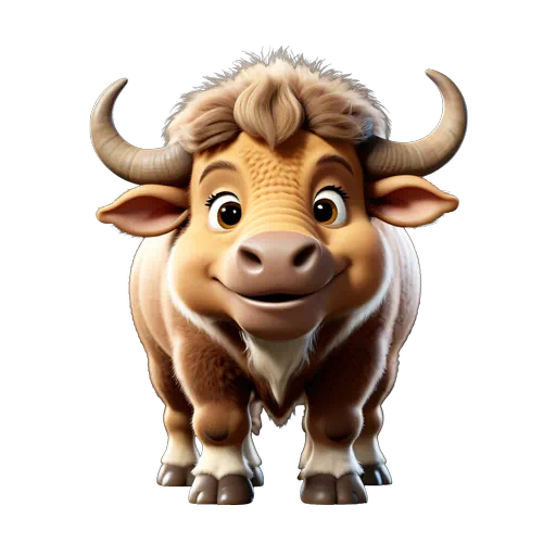 Adorable 3D animated-style buffalo with brown and tan fur, large eyes, and curved horns.