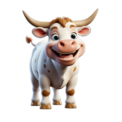 Friendly 3D cartoon white bull with brown spots, smiling widely with large horns in a playful animated style.