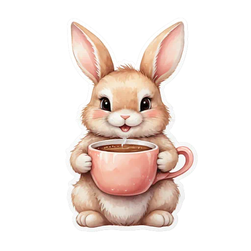 Cute tan watercolor bunny sticker holding a steaming pink coffee mug with a white border.
