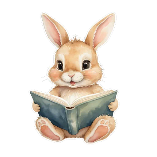 Watercolor illustration of a cute tan bunny rabbit reading a blue vintage book with a white border.