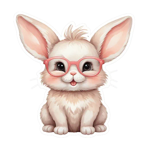 A fluffy beige bunny wearing oversized pink glasses in a cute white-bordered sticker style illustration.