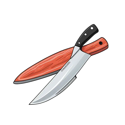 Vector illustration of a silver butcher knife with black handle next to a reddish wood grain sheath.