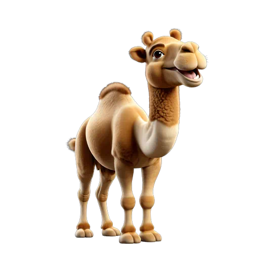 Cute 3D animated brown camel character with a friendly smile, detailed fur texture, and big eyes.