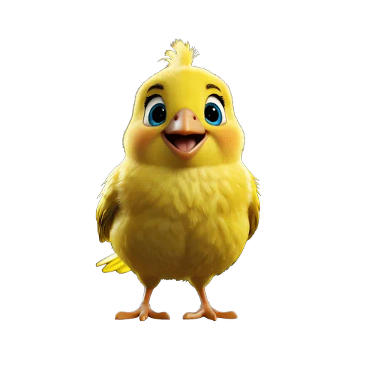Cute 3D animated yellow canary bird with big blue eyes and fluffy feathers, smiling against white background.