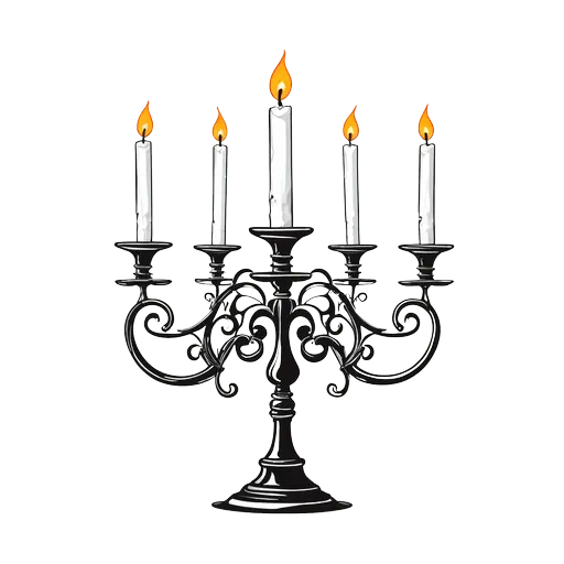 Ornate black gothic candelabra with five white candles and orange flames in a classic vector illustration style.