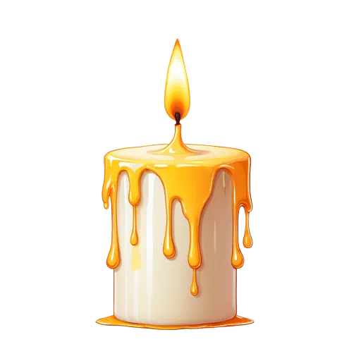 Digital illustration of a white candle with bright orange flame and thick golden wax dripping down sides.