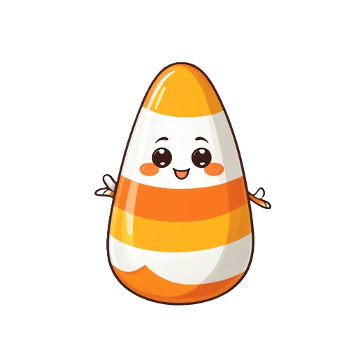 Cute kawaii candy corn illustration with orange, yellow, and white stripes featuring a smiling cartoon face.