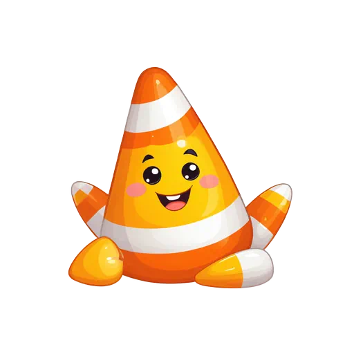 Glossy kawaii candy corn character with a smiling face in vibrant orange, yellow, and white Halloween colors.