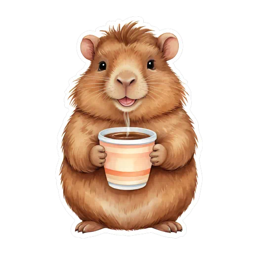 Illustrated brown capybara holding a striped coffee cup with steam, featuring a white border in sticker style.