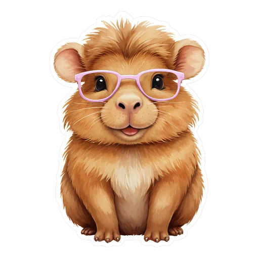 Cute brown capybara wearing oversized pink glasses in a cartoon sticker style with a white border.