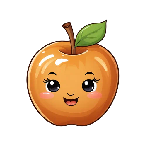 Glossy orange caramel apple character with kawaii face, green leaf, and brown stem in a cute cartoon style.