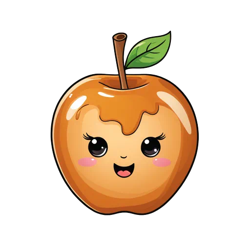 Cute cartoon caramel apple with a smiling face, glossy coating, wooden stick, and green leaf on white background.