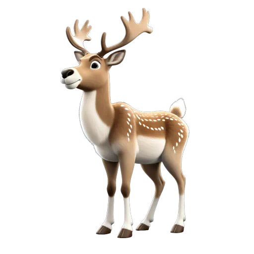 3D animated brown caribou with white spots and tan antlers, standing in a friendly pose.